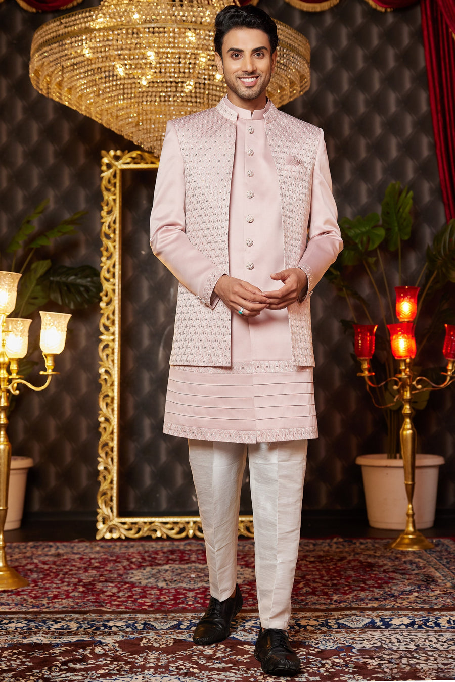 Pink Art Silk Traditional Indo Western Sherwani Long Kurta & Pant for Men for Wedding - Embroidery Work