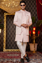 Pink Art Silk Traditional Indo Western Sherwani Long Kurta & Pant for Men for Wedding - Embroidery Work