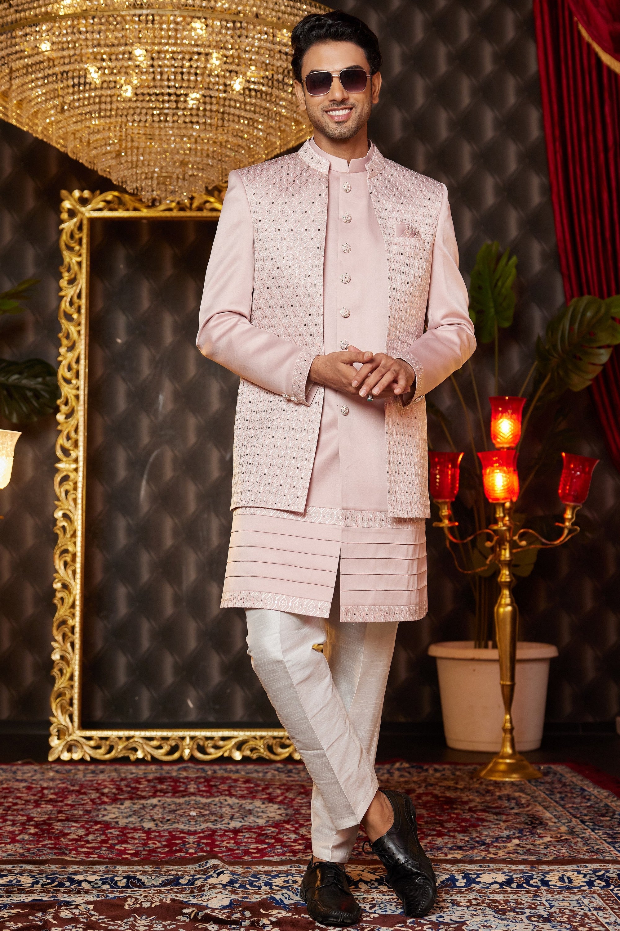 Pink Art Silk Traditional Indo Western Sherwani Long Kurta & Pant for Men for Wedding - Embroidery Work