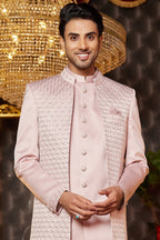 Pink Art Silk Traditional Indo Western Sherwani Long Kurta & Pant for Men for Wedding - Embroidery Work