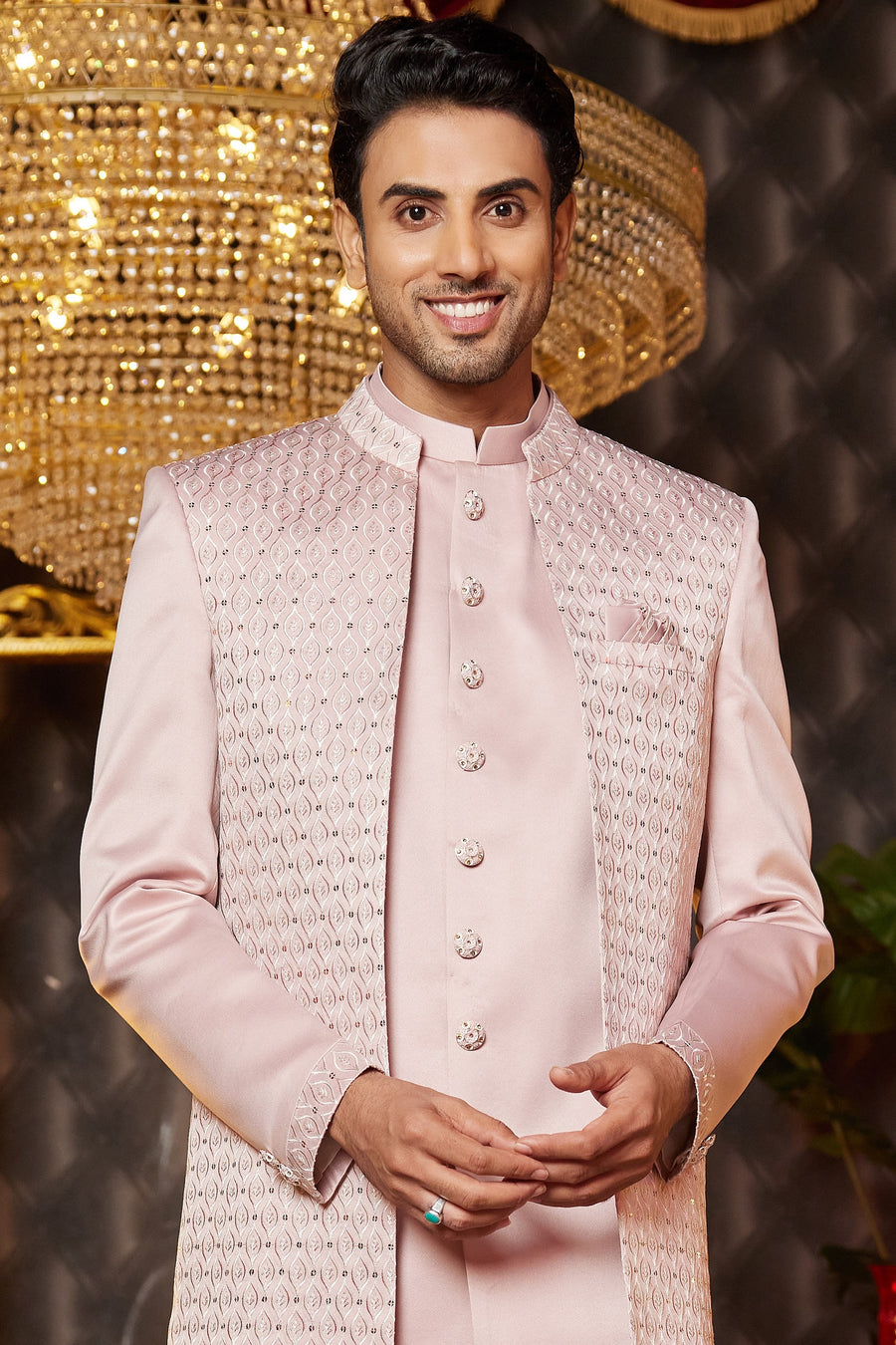 Pink Art Silk Traditional Indo Western Sherwani Long Kurta & Pant for Men for Wedding - Embroidery Work