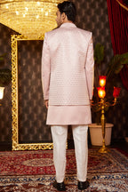 Pink Art Silk Traditional Indo Western Sherwani Long Kurta & Pant for Men for Wedding - Embroidery Work