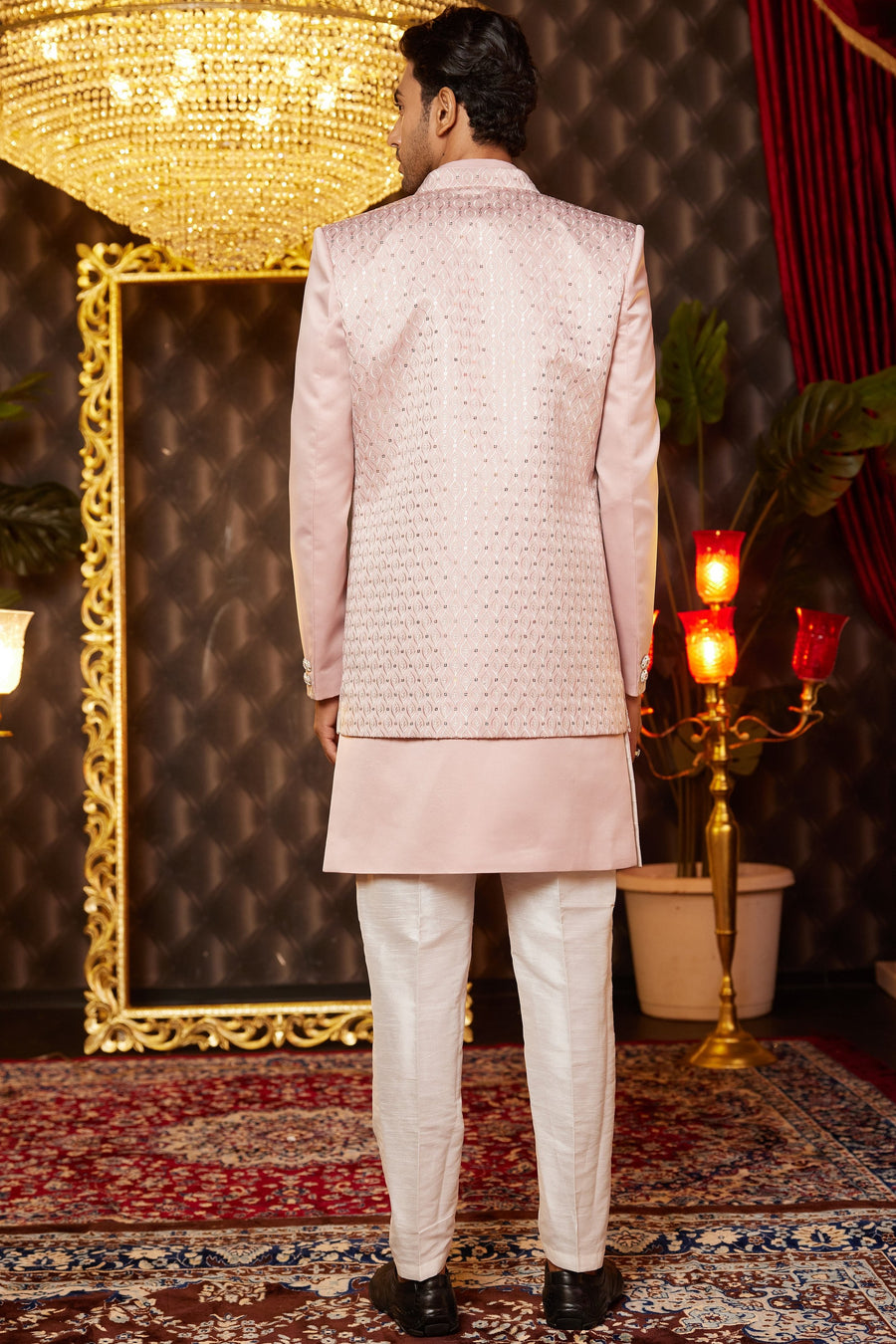 Pink Art Silk Traditional Indo Western Sherwani Long Kurta & Pant for Men for Wedding - Embroidery Work