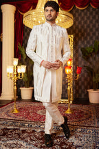 Cream Art Silk Traditional Indo Western Sherwani Long Kurta & Pant for Men for Wedding - Embroidery Work