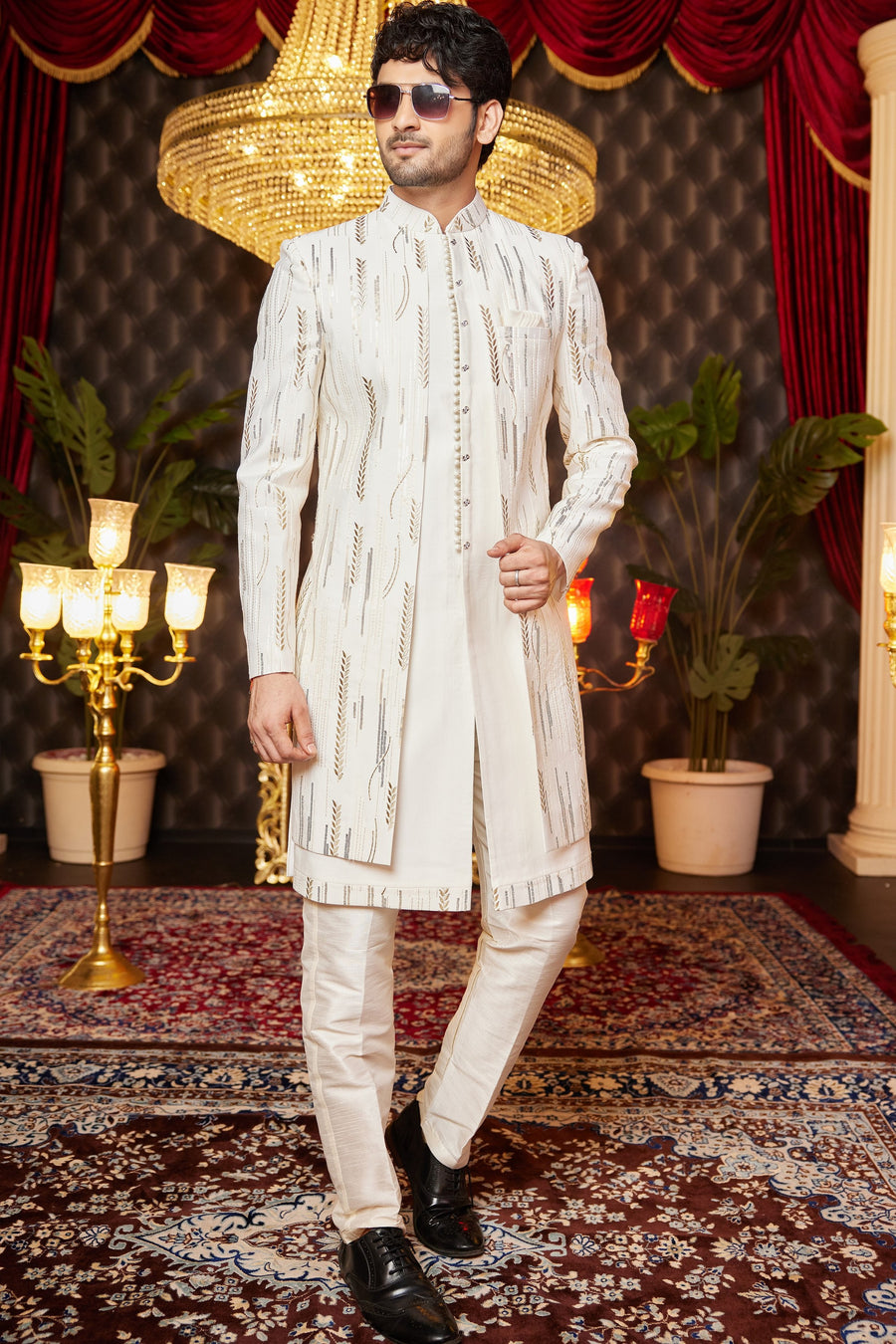 Cream Art Silk Traditional Indo Western Sherwani Long Kurta & Pant for Men for Wedding - Embroidery Work