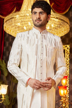 Cream Art Silk Traditional Indo Western Sherwani Long Kurta & Pant for Men for Wedding - Embroidery Work