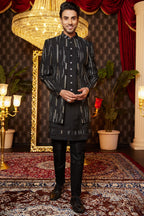 Black Art Silk Traditional Indo Western Sherwani Long Kurta & Pant for Men for Wedding - Embroidery Work