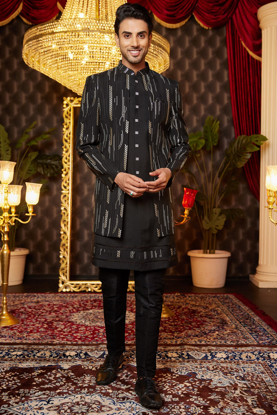 Black Art Silk Traditional Indo Western Sherwani Long Kurta & Pant for Men for Wedding - Embroidery Work