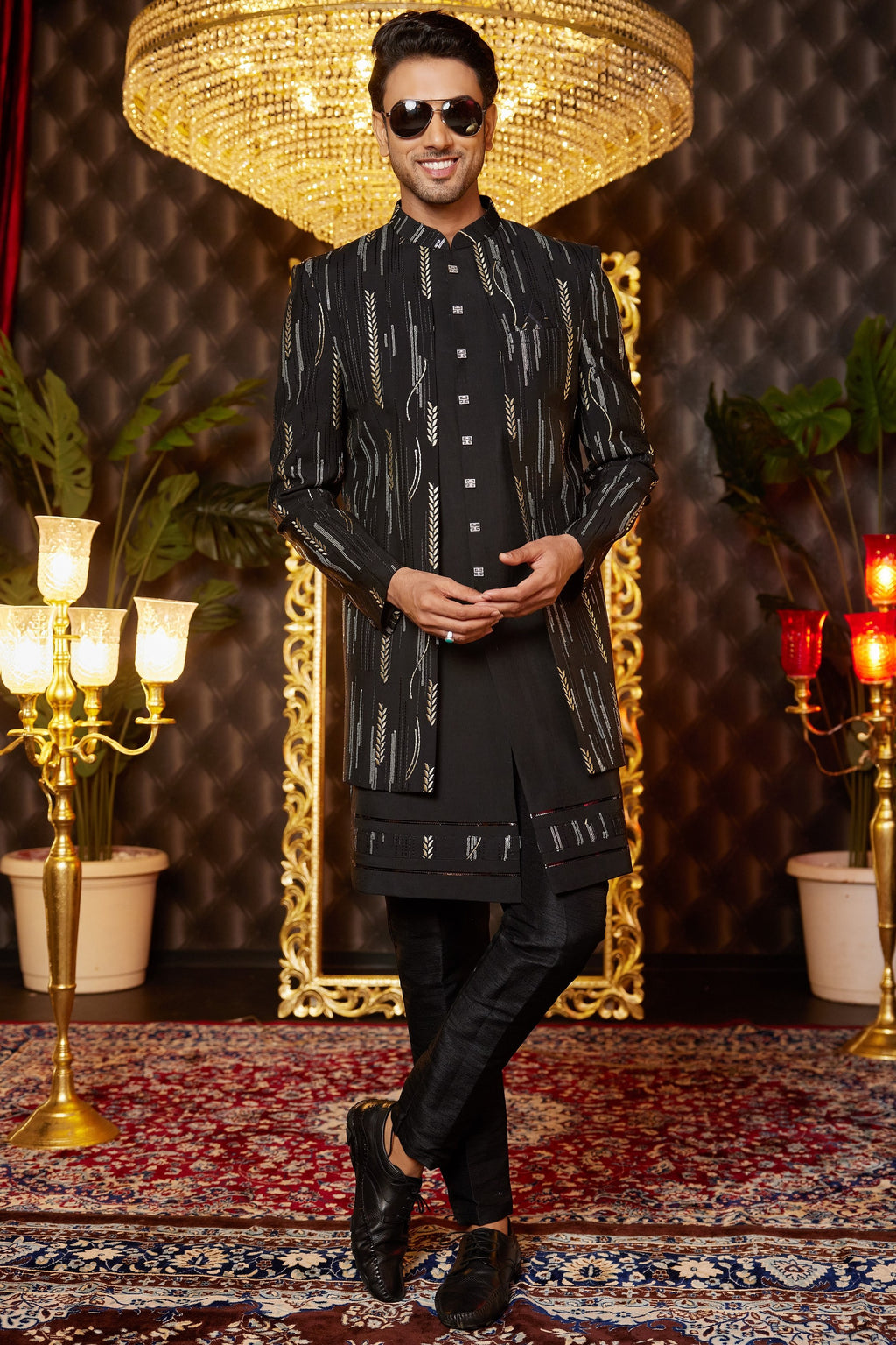 Black Art Silk Traditional Indo Western Sherwani Long Kurta & Pant for Men for Wedding - Embroidery Work