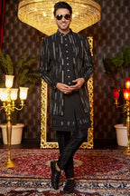 Black Art Silk Traditional Indo Western Sherwani Long Kurta & Pant for Men for Wedding - Embroidery Work