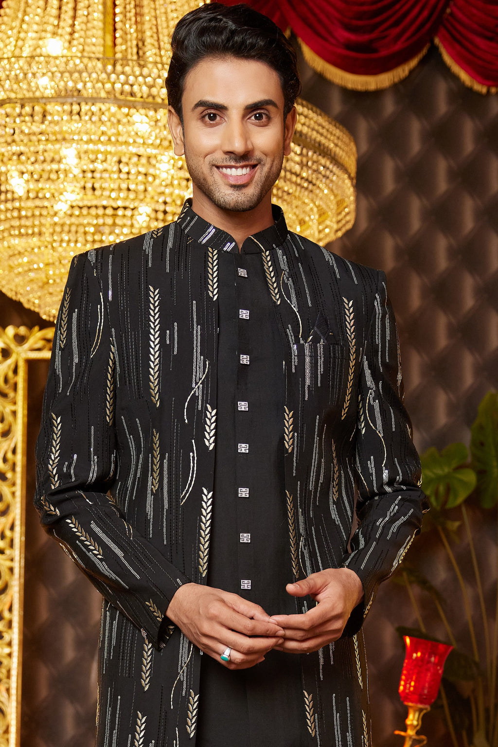 Black Art Silk Traditional Indo Western Sherwani Long Kurta & Pant for Men for Wedding - Embroidery Work