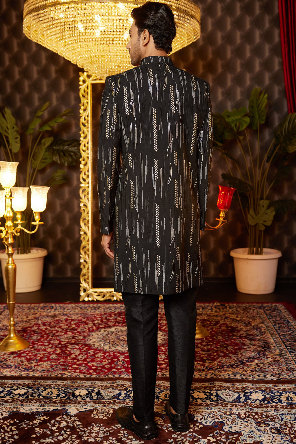 Black Art Silk Traditional Indo Western Sherwani Long Kurta & Pant for Men for Wedding - Embroidery Work