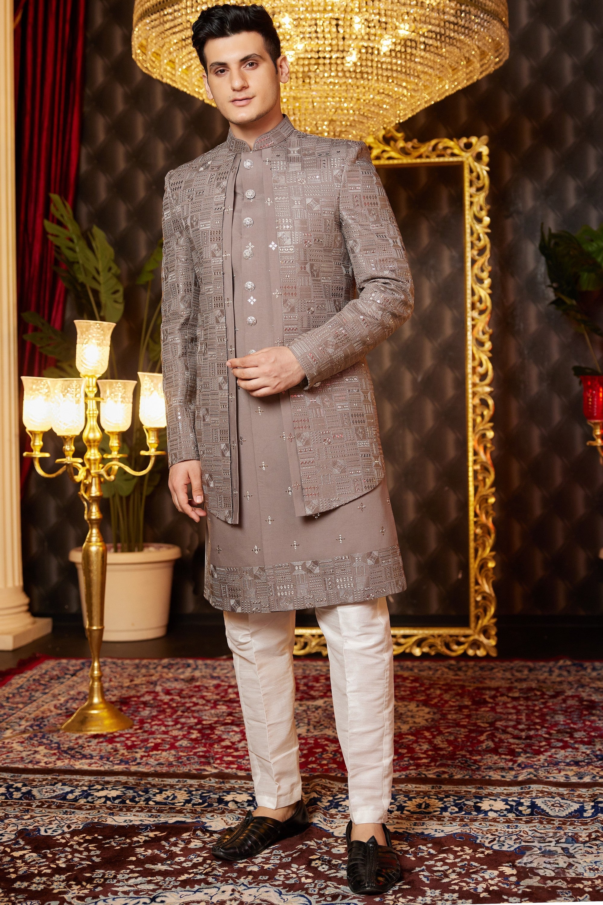 Brown Art Silk Traditional Indo Western Sherwani Long Kurta & Pant for Men for Wedding - Embroidery Work
