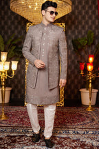 Brown Art Silk Traditional Indo Western Sherwani Long Kurta & Pant for Men for Wedding - Embroidery Work