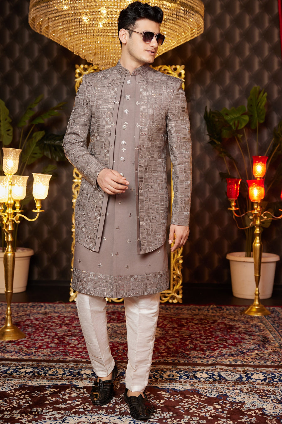 Brown Art Silk Traditional Indo Western Sherwani Long Kurta & Pant for Men for Wedding - Embroidery Work