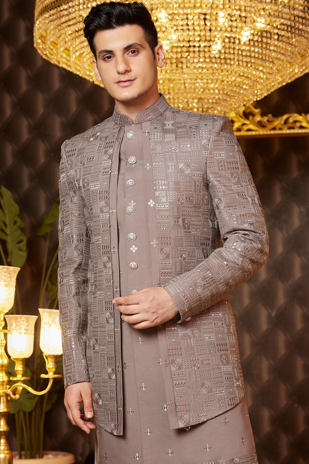 Brown Art Silk Traditional Indo Western Sherwani Long Kurta & Pant for Men for Wedding - Embroidery Work
