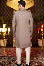 Brown Art Silk Traditional Indo Western Sherwani Long Kurta & Pant for Men for Wedding - Embroidery Work