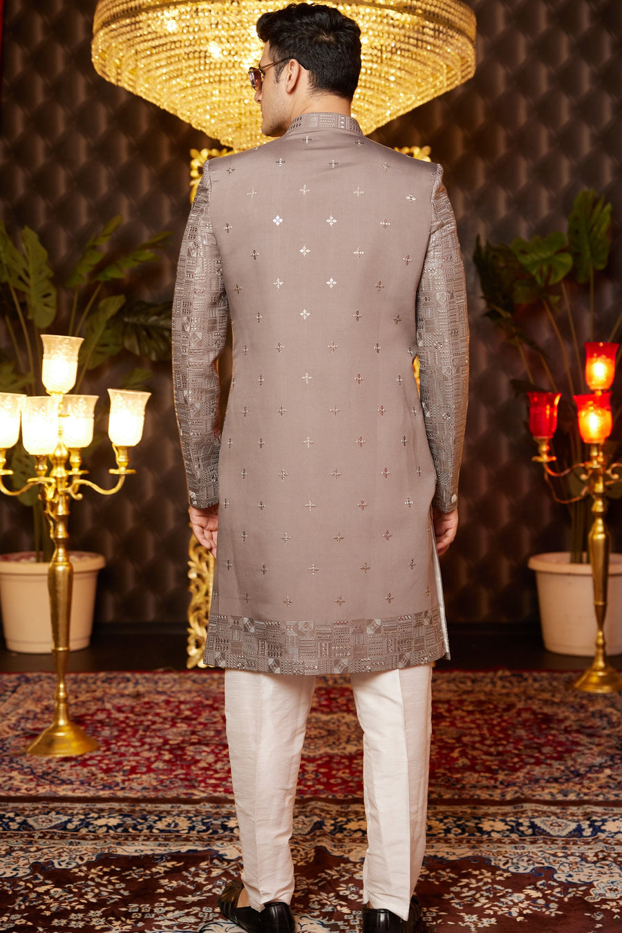 Brown Art Silk Traditional Indo Western Sherwani Long Kurta & Pant for Men for Wedding - Embroidery Work