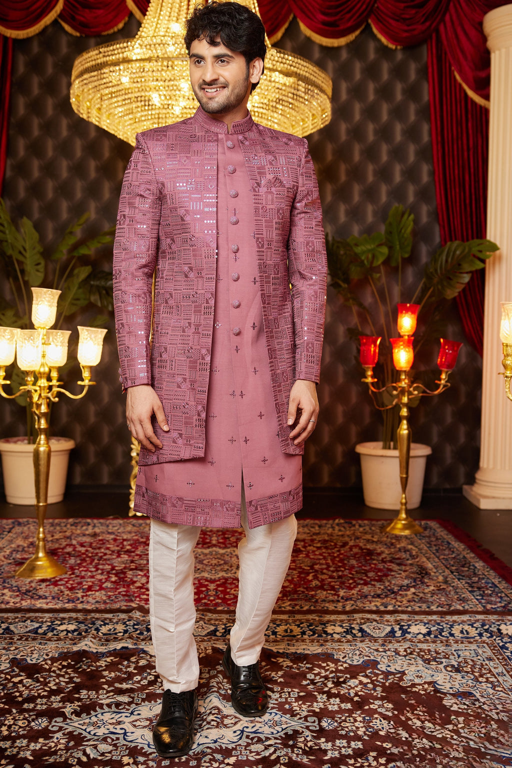 Clay Pink Art Silk Traditional Indo Western Sherwani Long Kurta & Pant for Men for Wedding - Embroidery Work