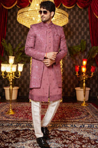 Clay Pink Art Silk Traditional Indo Western Sherwani Long Kurta & Pant for Men for Wedding - Embroidery Work