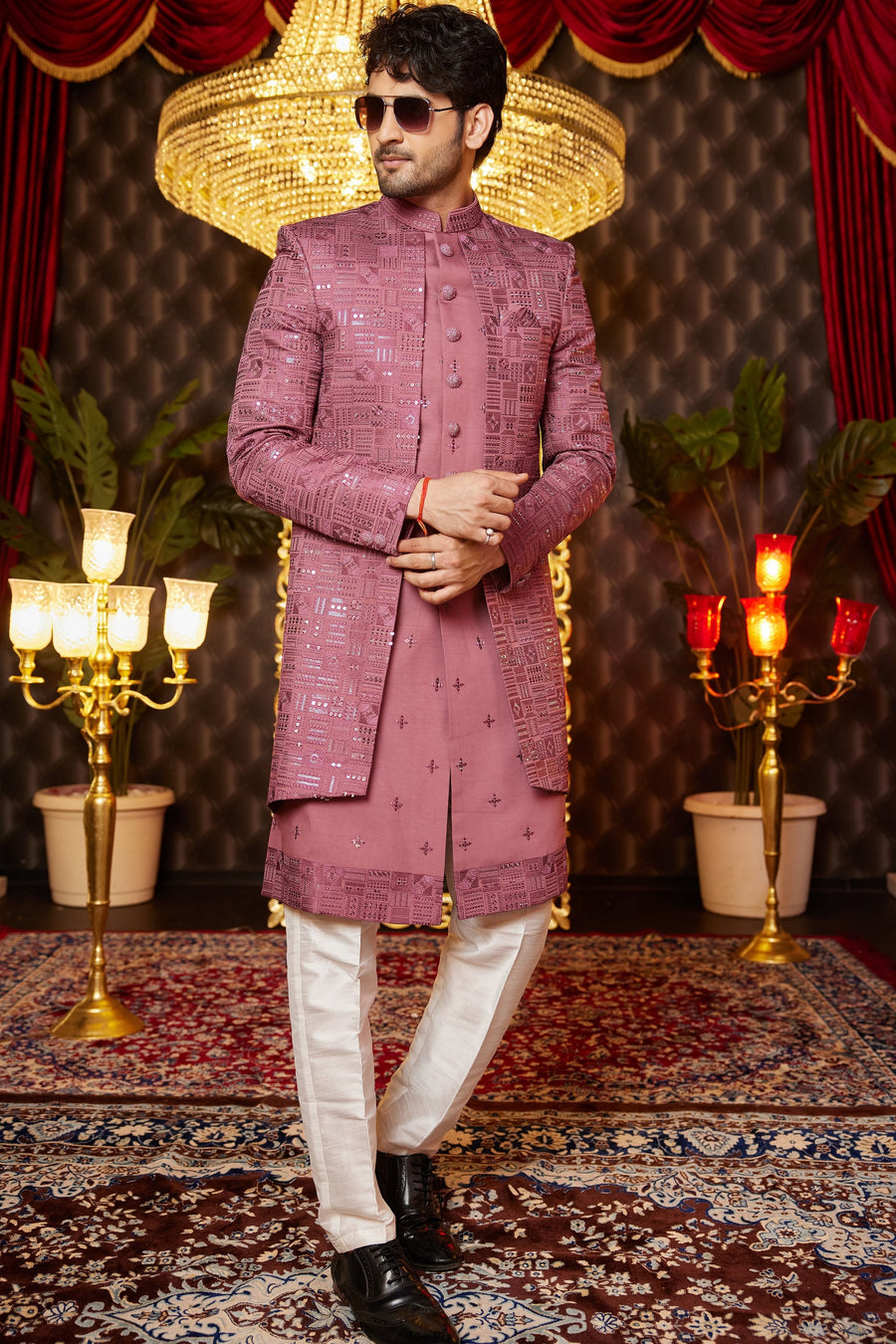 Clay Pink Art Silk Traditional Indo Western Sherwani Long Kurta & Pant for Men for Wedding - Embroidery Work