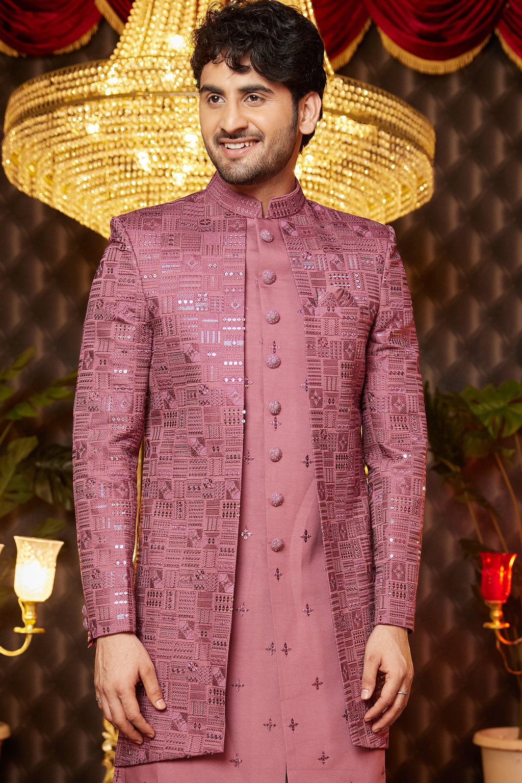 Clay Pink Art Silk Traditional Indo Western Sherwani Long Kurta & Pant for Men for Wedding - Embroidery Work