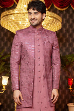 Clay Pink Art Silk Traditional Indo Western Sherwani Long Kurta & Pant for Men for Wedding - Embroidery Work