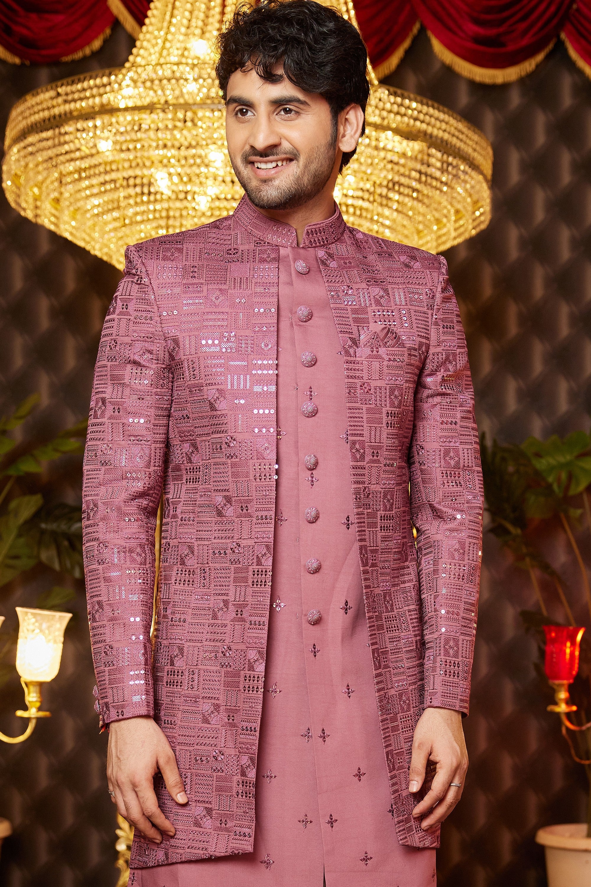 Clay Pink Art Silk Traditional Indo Western Sherwani Long Kurta & Pant for Men for Wedding - Embroidery Work