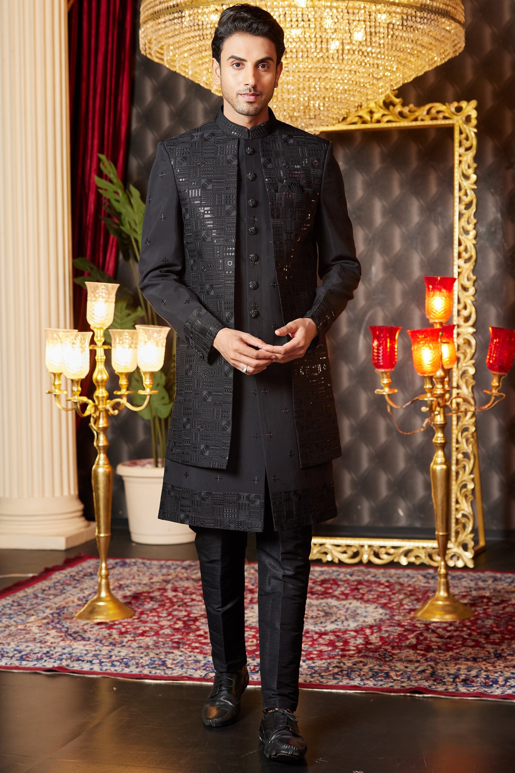 Black Art Silk Traditional Indo Western Sherwani Long Kurta & Pant for Men for Wedding - Embroidery Work