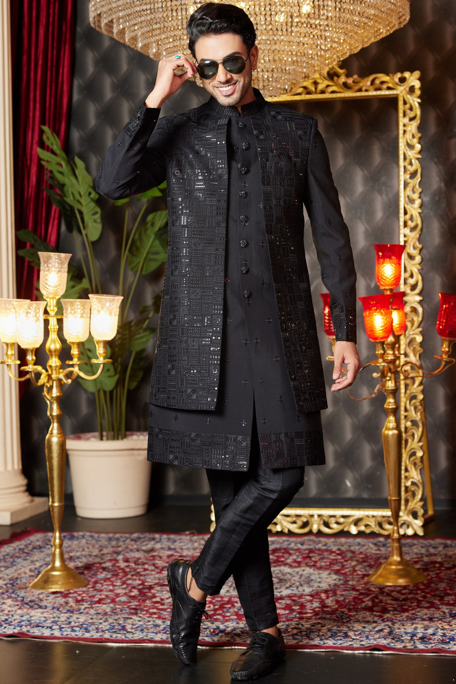 Black Art Silk Traditional Indo Western Sherwani Long Kurta & Pant for Men for Wedding - Embroidery Work