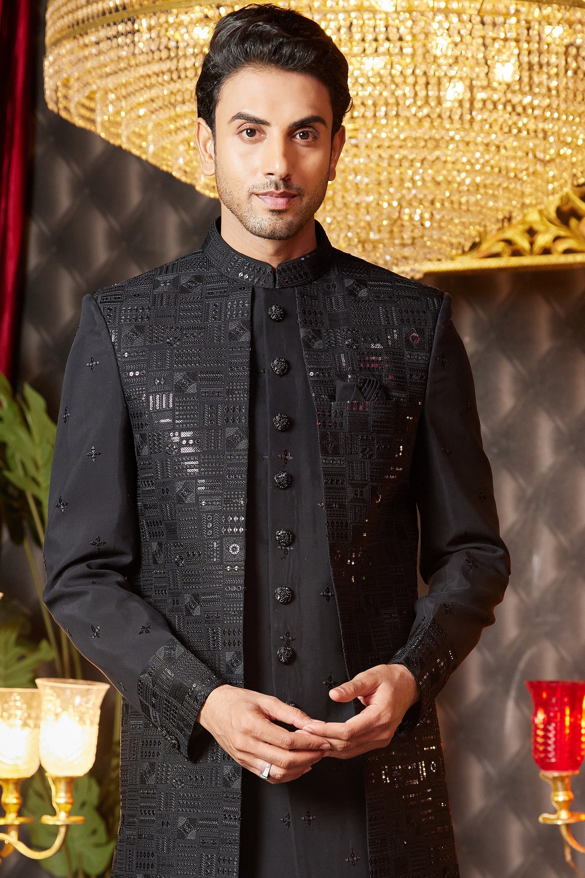 Black Art Silk Traditional Indo Western Sherwani Long Kurta & Pant for Men for Wedding - Embroidery Work