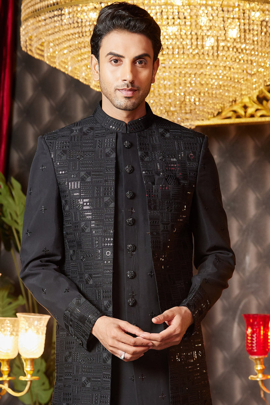 Black Art Silk Traditional Indo Western Sherwani Long Kurta & Pant for Men for Wedding - Embroidery Work