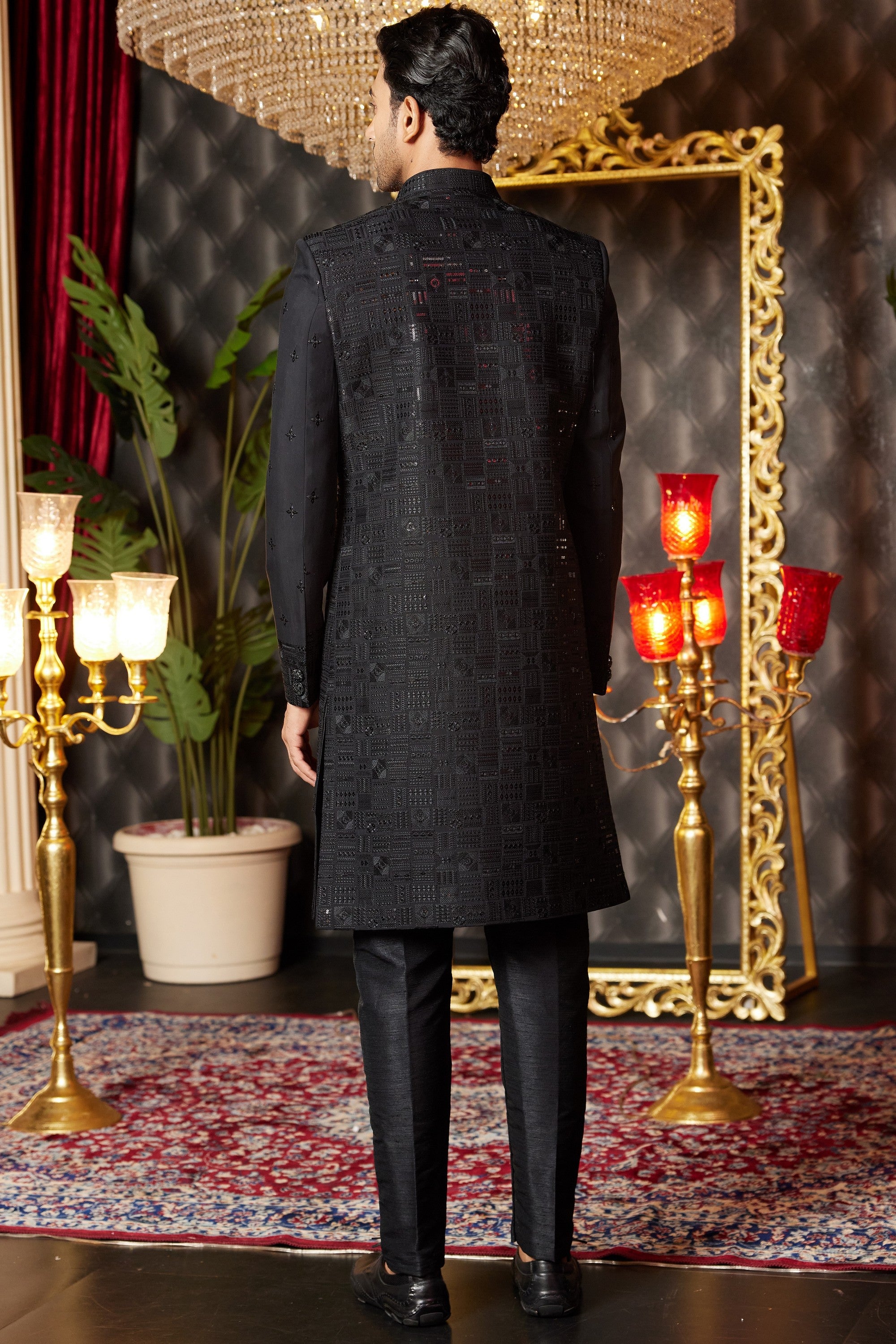 Black Art Silk Traditional Indo Western Sherwani Long Kurta & Pant for Men for Wedding - Embroidery Work