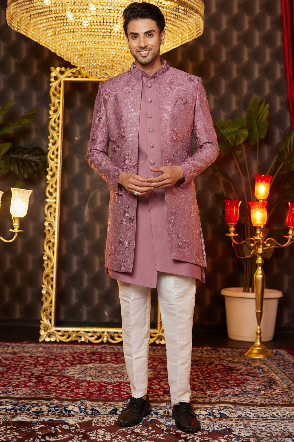 Clay Pink Art Silk Traditional Indo Western Sherwani Long Kurta & Pant for Men for Wedding - Embroidery Work