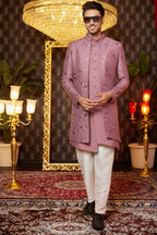 Clay Pink Art Silk Traditional Indo Western Sherwani Long Kurta & Pant for Men for Wedding - Embroidery Work