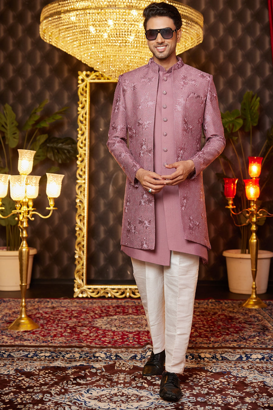 Clay Pink Art Silk Traditional Indo Western Sherwani Long Kurta & Pant for Men for Wedding - Embroidery Work