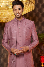 Clay Pink Art Silk Traditional Indo Western Sherwani Long Kurta & Pant for Men for Wedding - Embroidery Work