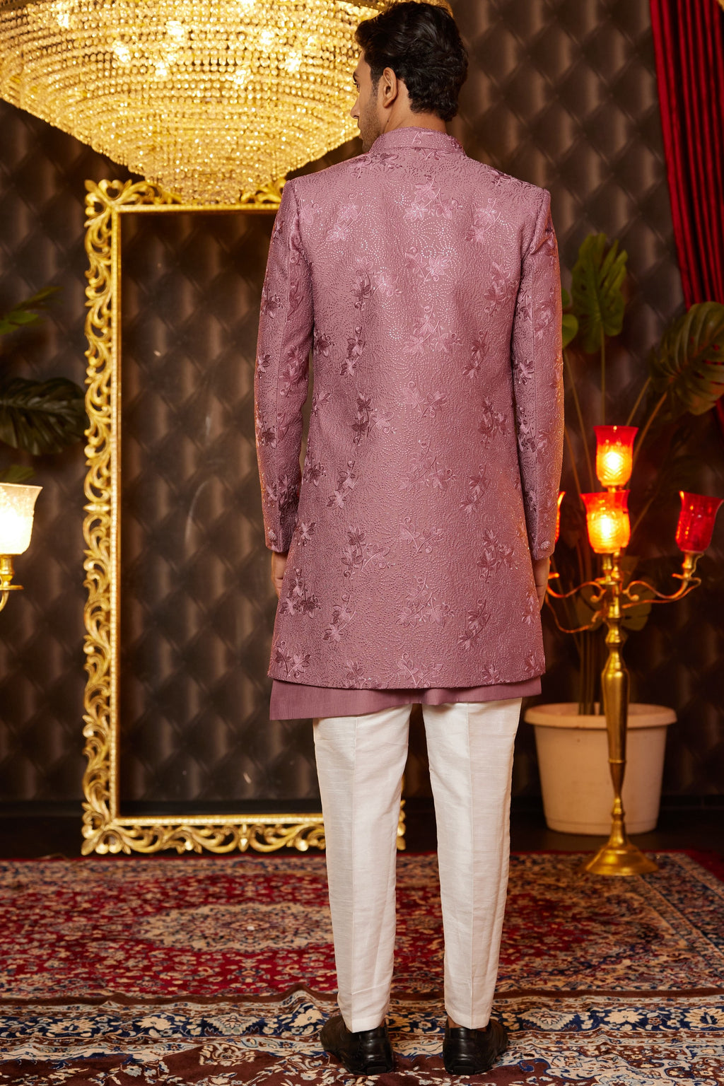 Clay Pink Art Silk Traditional Indo Western Sherwani Long Kurta & Pant for Men for Wedding - Embroidery Work