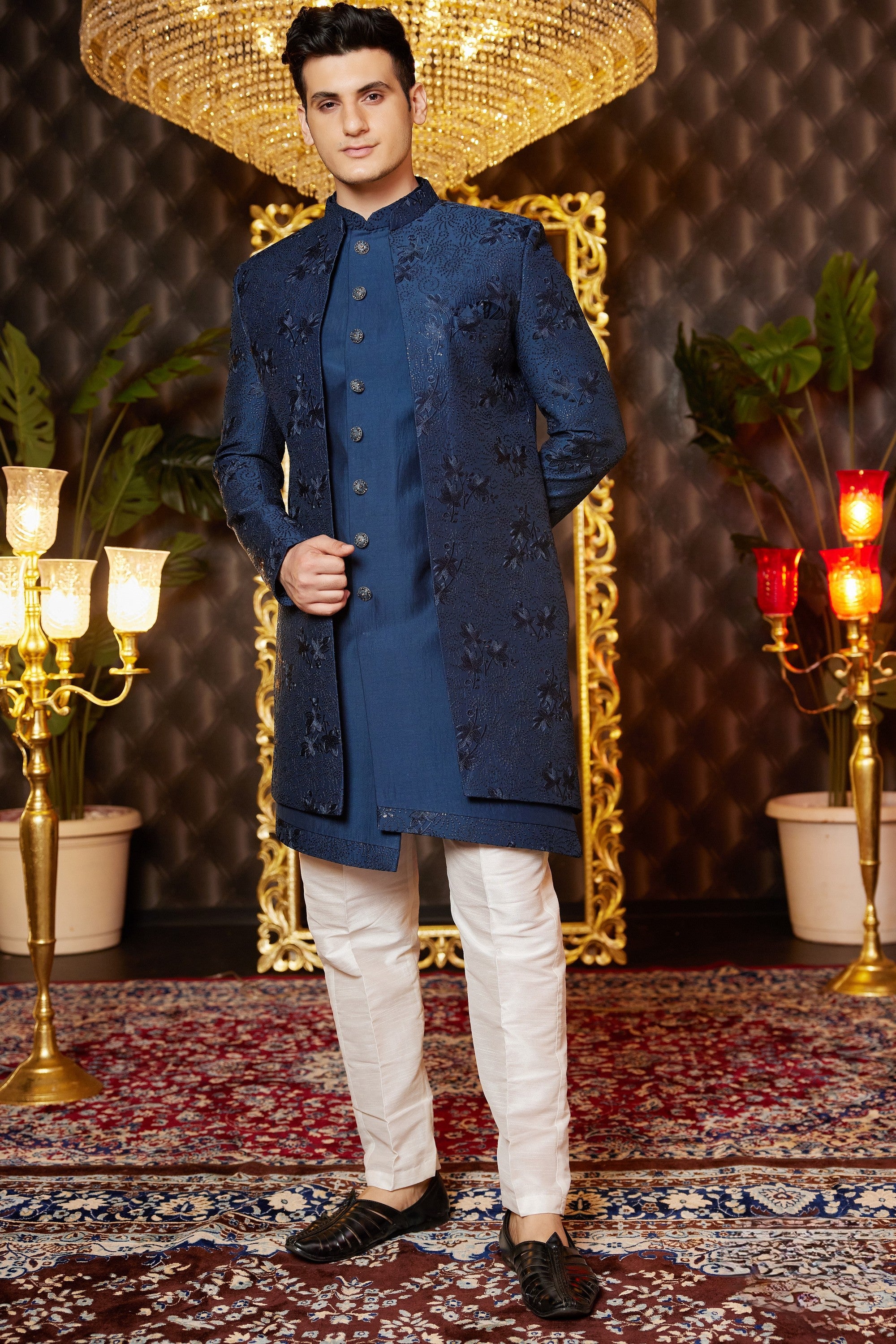 Blue Art Silk Traditional Indo Western Sherwani Long Kurta & Pant for Men for Wedding - Embroidery Work