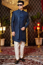 Blue Art Silk Traditional Indo Western Sherwani Long Kurta & Pant for Men for Wedding - Embroidery Work