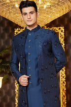 Blue Art Silk Traditional Indo Western Sherwani Long Kurta & Pant for Men for Wedding - Embroidery Work