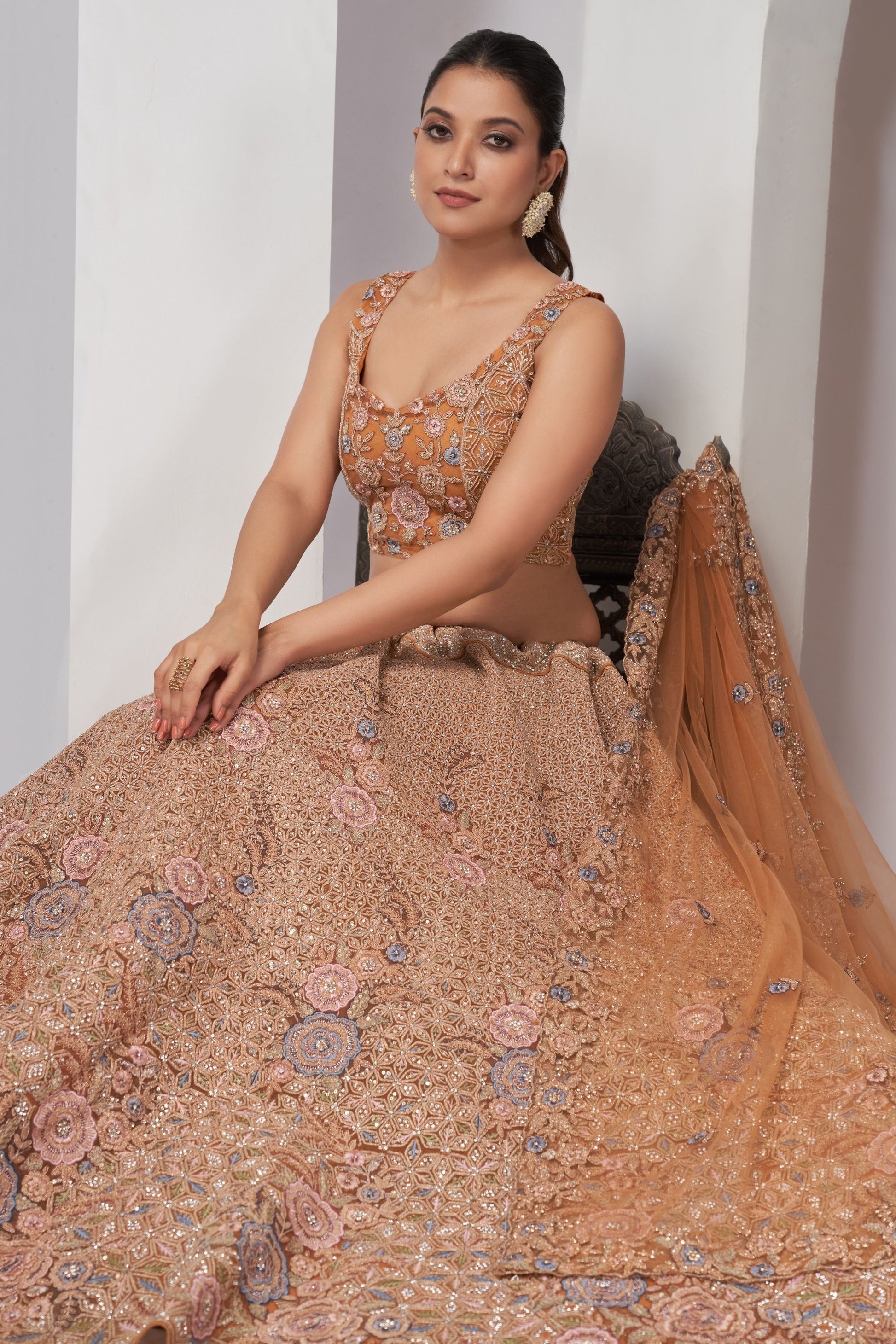 Peach Soft Net Lehenga Choli For Indian Festivals & Weddings - Sequins Work, Dori Work, Zarkan Work