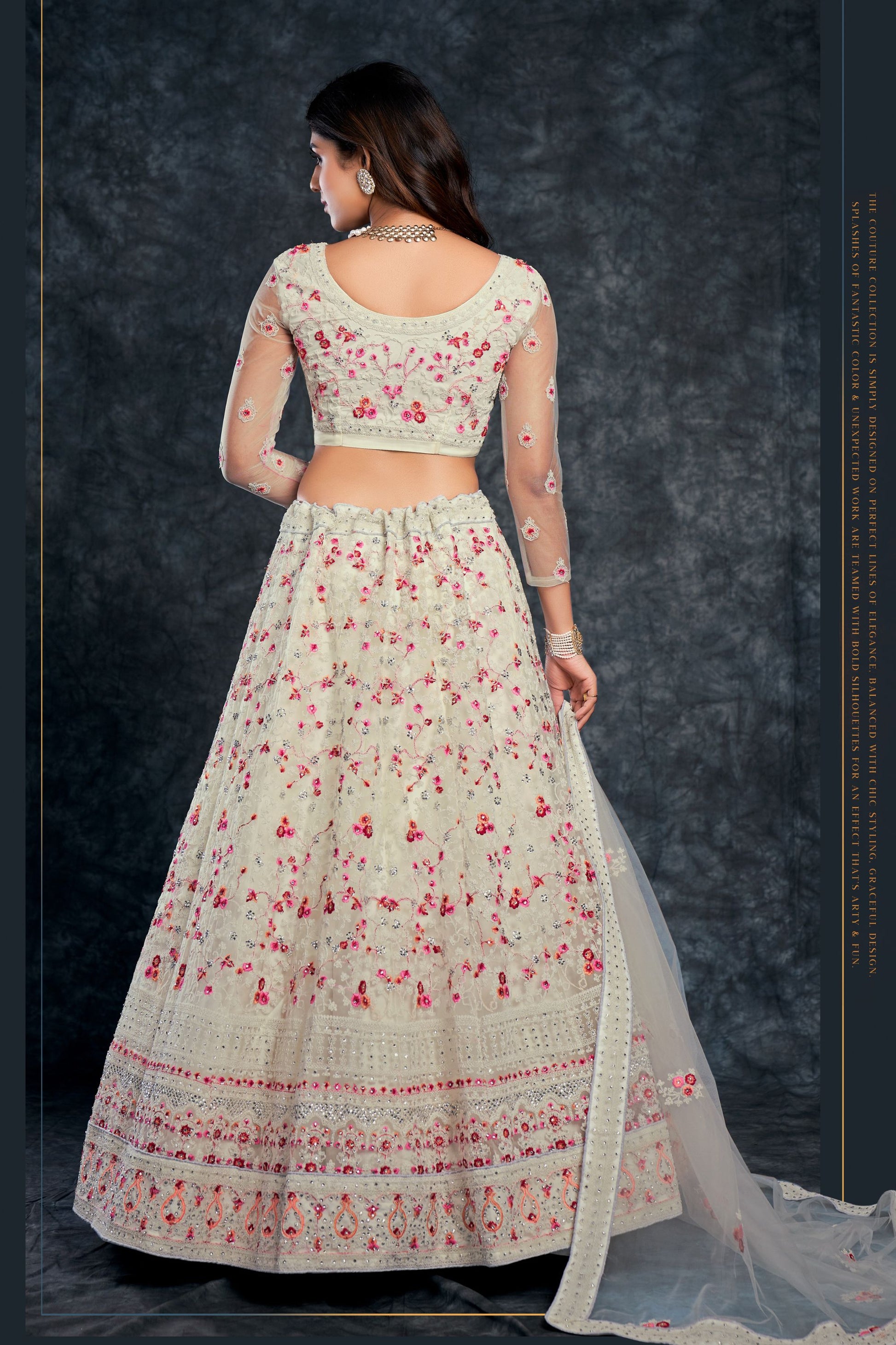 White Indian Silk Floral Embroidered Lehenga Choli For Indian Festivals & Weddings - Sequence Embroidery Work, Thread Work, Stone Work, Zari Work