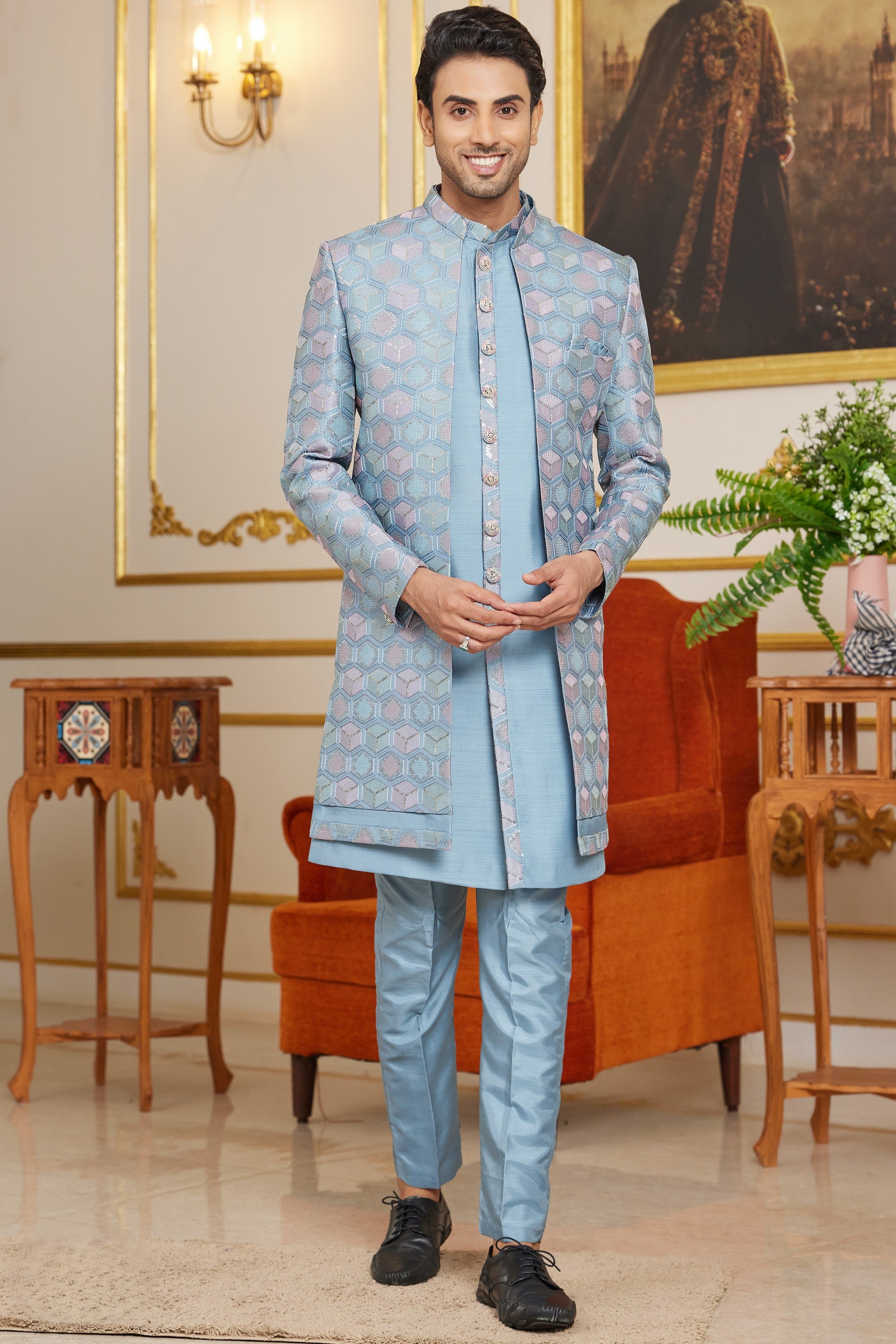 Pale Turquoise Art Silk Indo Western Suit Long Kurta with Jacket & Pant for Men for Wedding - Thread Embroidery Work