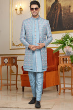 Pale Turquoise Art Silk Indo Western Suit Long Kurta with Jacket & Pant for Men for Wedding - Thread Embroidery Work