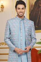 Pale Turquoise Art Silk Indo Western Suit Long Kurta with Jacket & Pant for Men for Wedding - Thread Embroidery Work