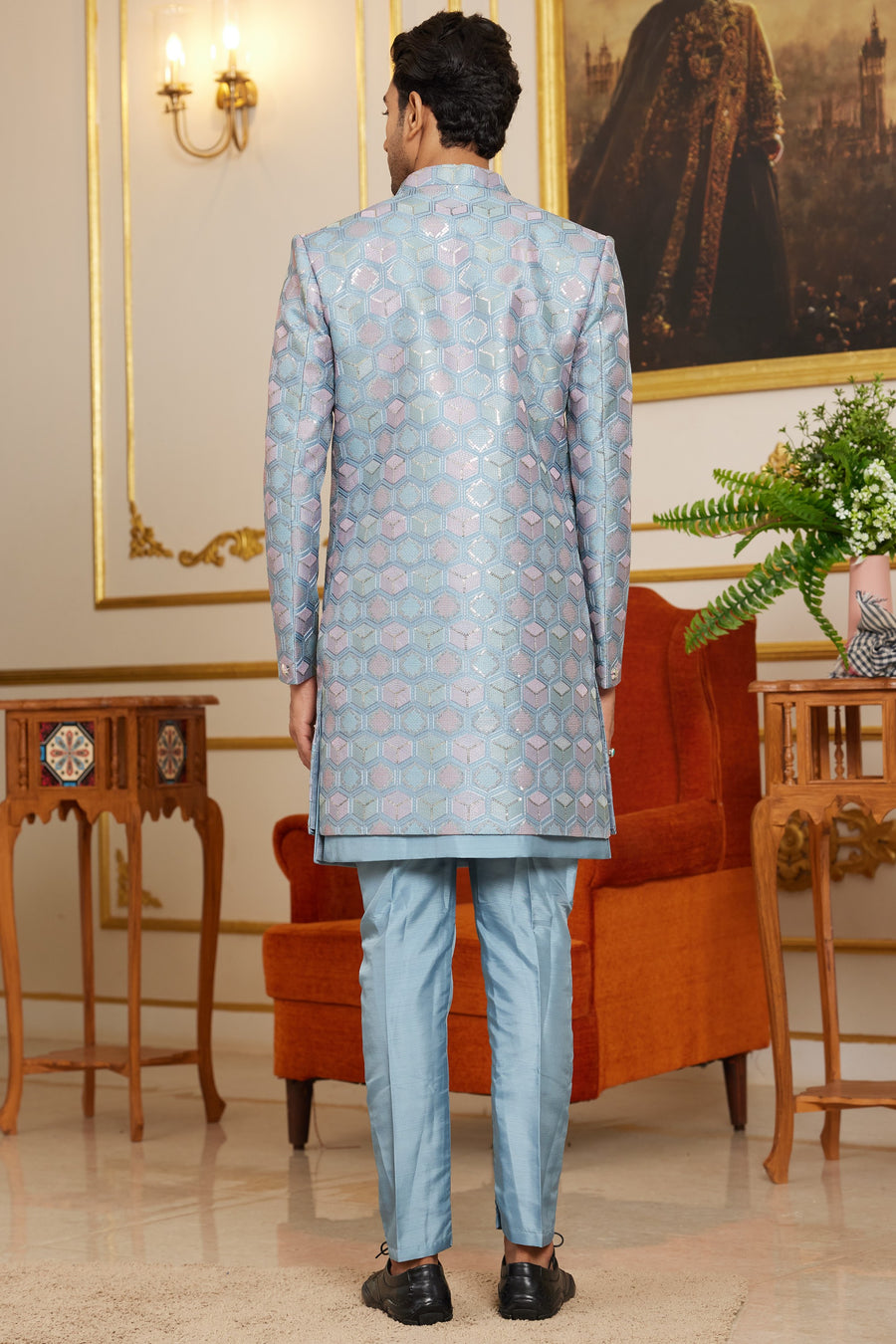 Pale Turquoise Art Silk Indo Western Suit Long Kurta with Jacket & Pant for Men for Wedding - Thread Embroidery Work