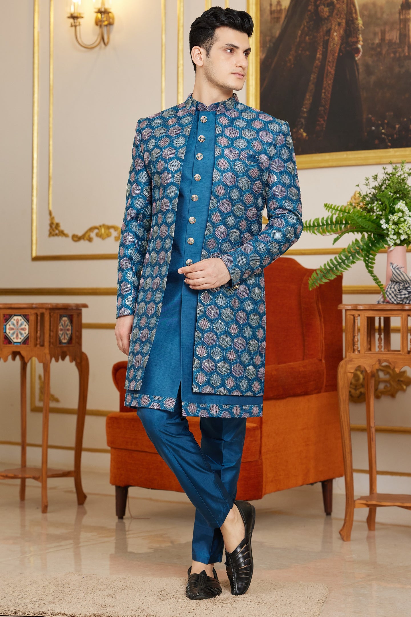 Royal Blue Art Silk Indo Western Suit Long Kurta with Jacket & Pant for Men for Wedding - Thread Embroidery Work