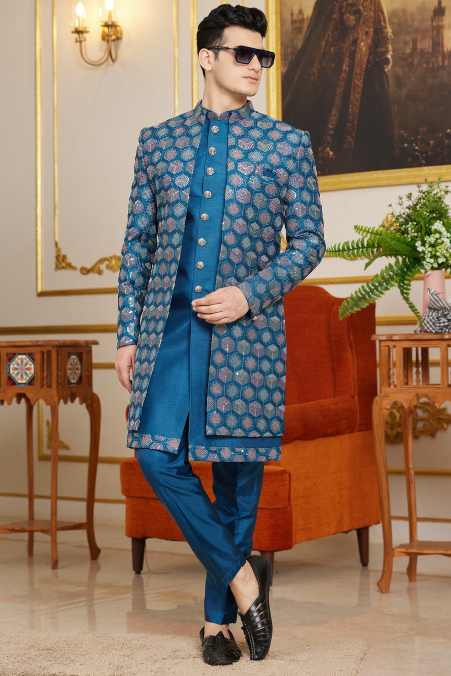 Royal Blue Art Silk Indo Western Suit Long Kurta with Jacket & Pant for Men for Wedding - Thread Embroidery Work