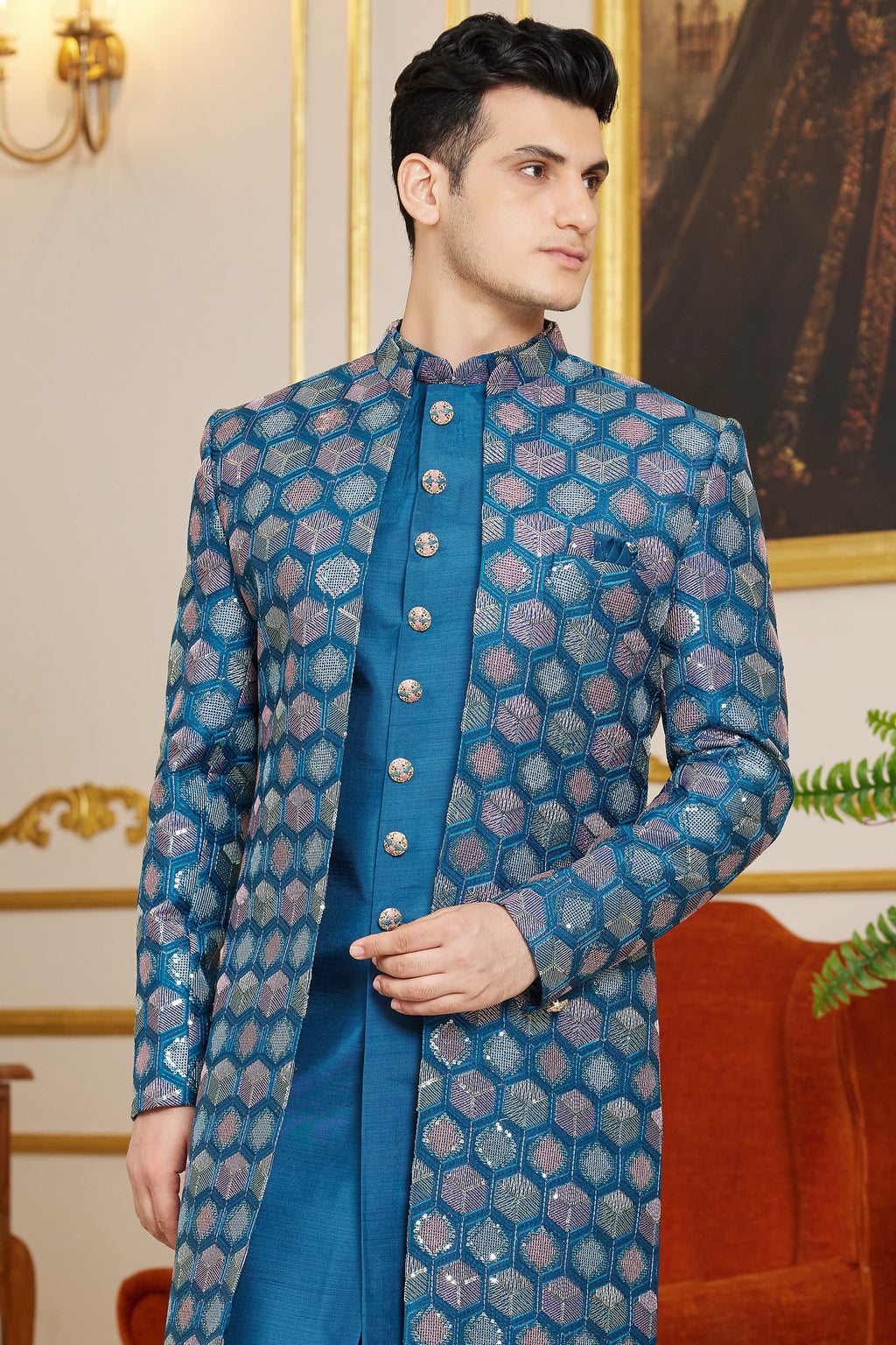 Royal Blue Art Silk Indo Western Suit Long Kurta with Jacket & Pant for Men for Wedding - Thread Embroidery Work